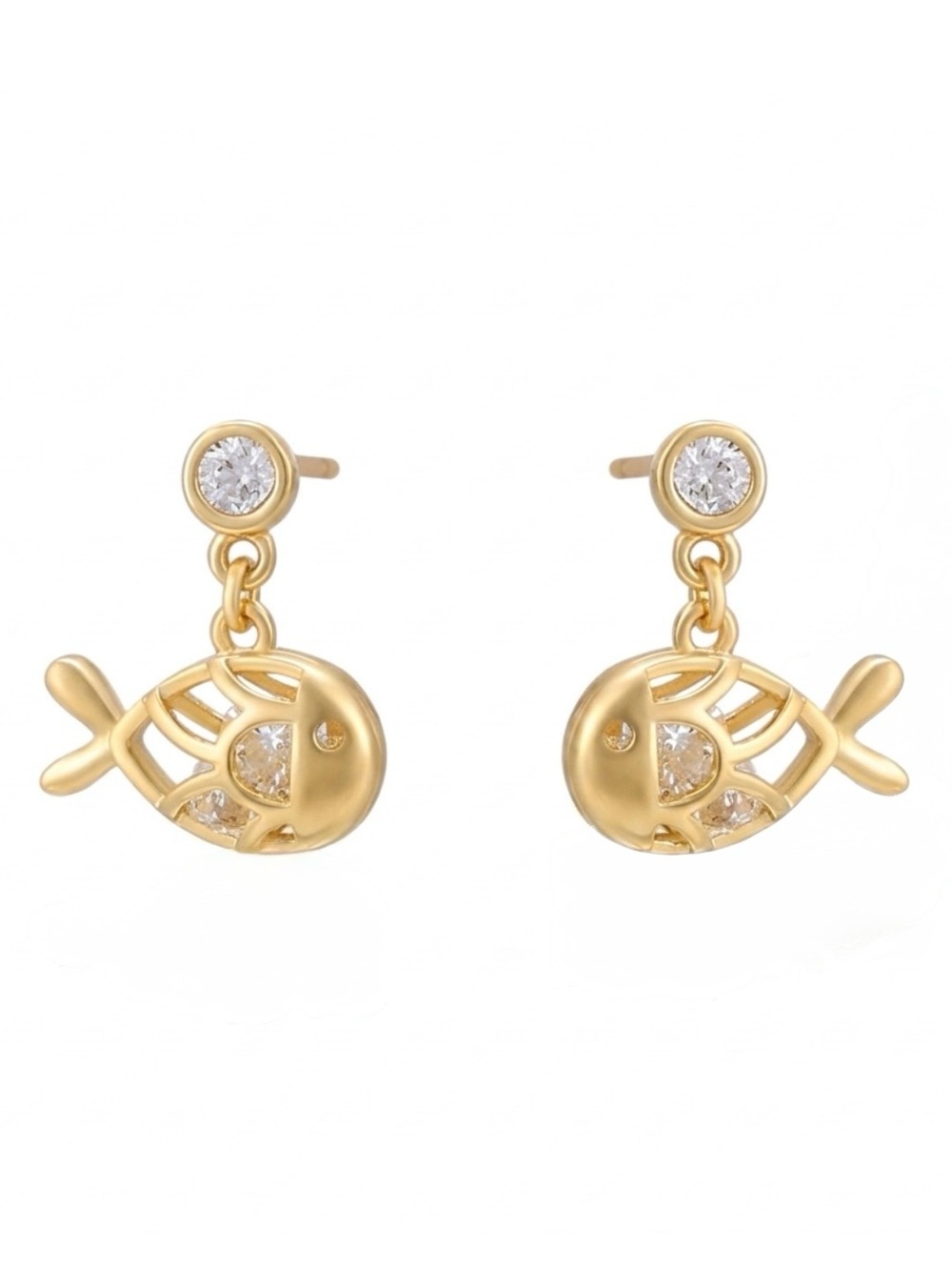 Fish Stud Earrings Moving CZ Stone Minimalist Hypoallergenic Jewelry